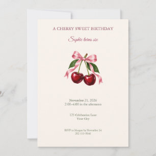 Invitación de cumpleaños con lazo rosa y cereza