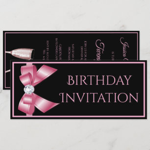 Invitación de cumpleaños con lazo rosa y champán