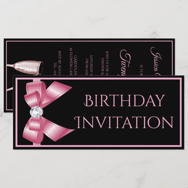 Invitación de cumpleaños con lazo rosa y champán (Anverso / Reverso)
