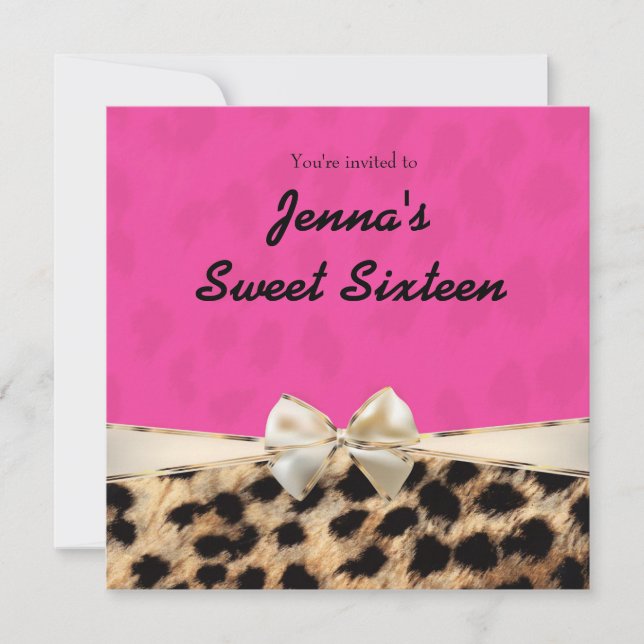 Invitación de cumpleaños con lazo rosa y leopardo  (Anverso)