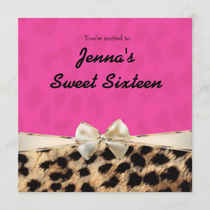 Invitación de cumpleaños con lazo rosa y leopardo 
