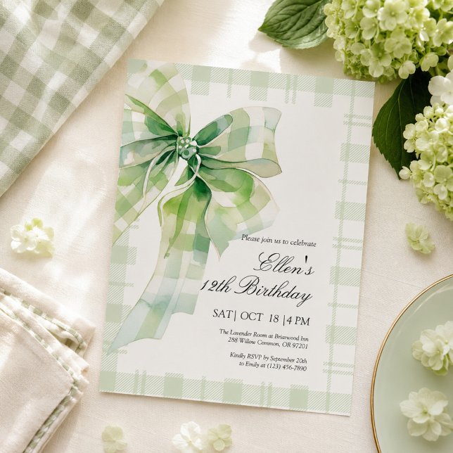 Invitación de cumpleaños con lazo verde salvia (Subido por el creador)
