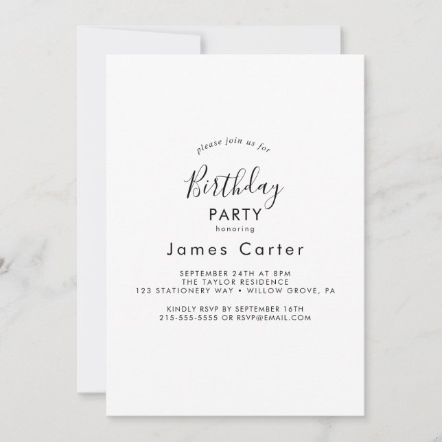 Invitación de cumpleaños con letra moderna y elega (Anverso)