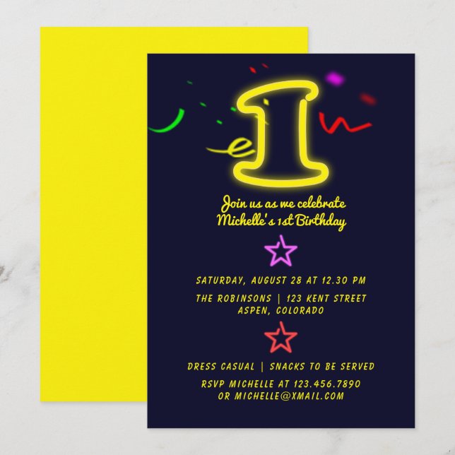 Invitación de cumpleaños con letrero de neón (Anverso / Reverso)