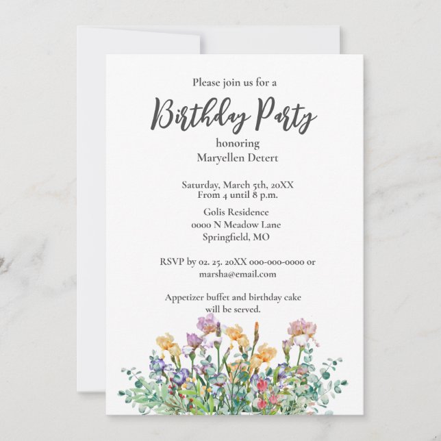 Invitación de cumpleaños con lirios y vegetación (Anverso)