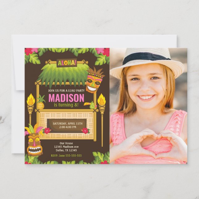 Invitación de cumpleaños con luau tropical floral  (Anverso)