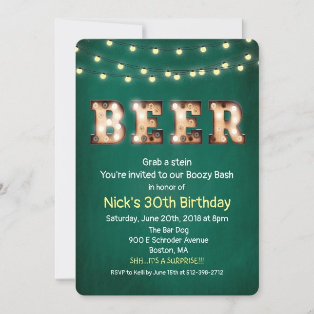 Invitación de cumpleaños con luces de cerveza (Anverso)