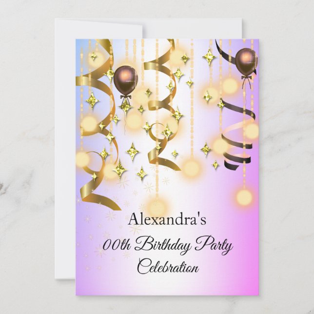 Invitación de cumpleaños con luces púrpura rosa do (Anverso)