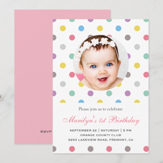 Invitación de cumpleaños con lunares coloridos (Anverso / Reverso)
