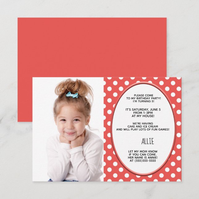 Invitación de cumpleaños con lunares rojos y blanc (Anverso / Reverso)