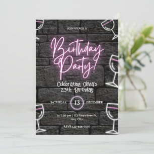 Invitación de cumpleaños con luz de neón rosa para