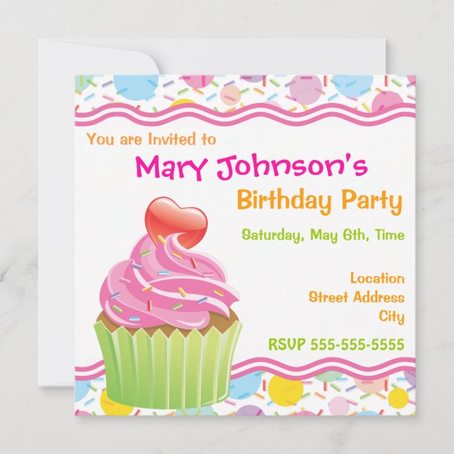 Invitación de cumpleaños con magdalena rosa (Anverso)