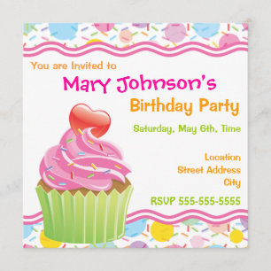 Invitación de cumpleaños con magdalena rosa