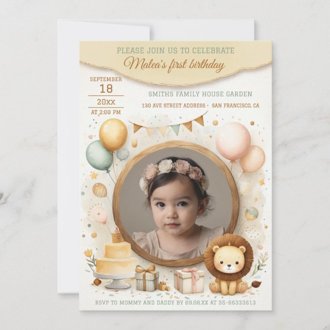 Invitación de cumpleaños con marco de cubo de león (Anverso)