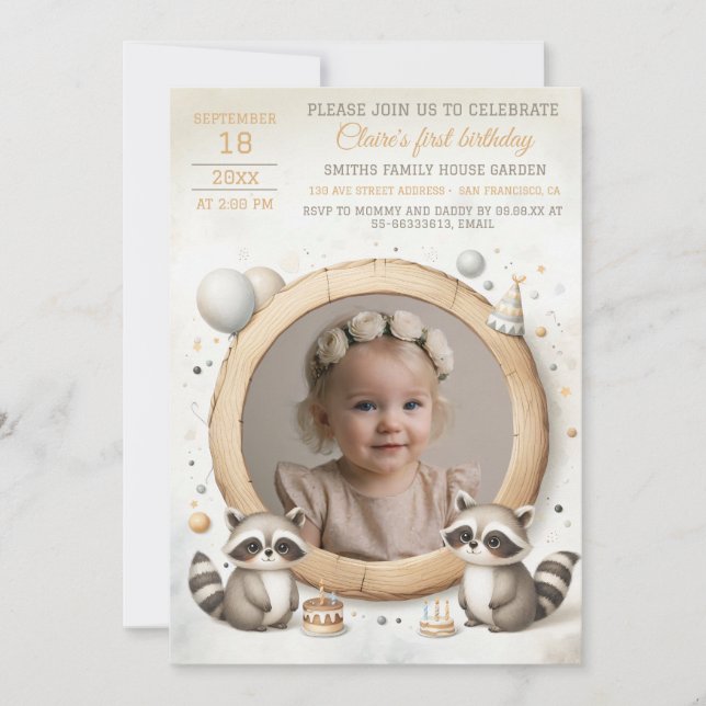 Invitación de cumpleaños con marco de mapache para (Anverso)