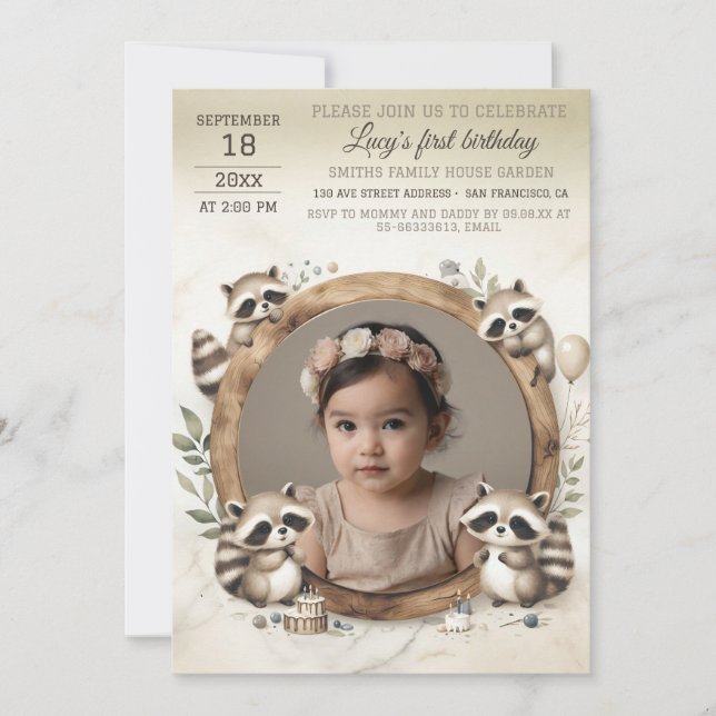 Invitación de cumpleaños con marco de mapache para (Anverso)