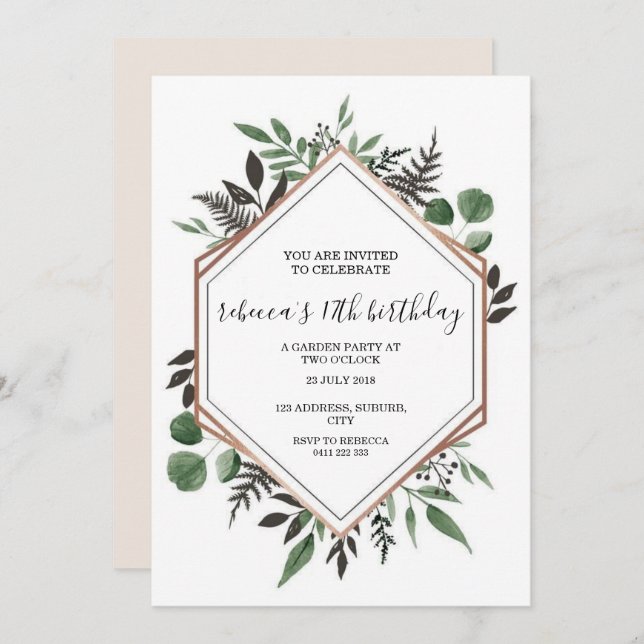 Invitación de cumpleaños con marco de oro Rosa (Anverso / Reverso)