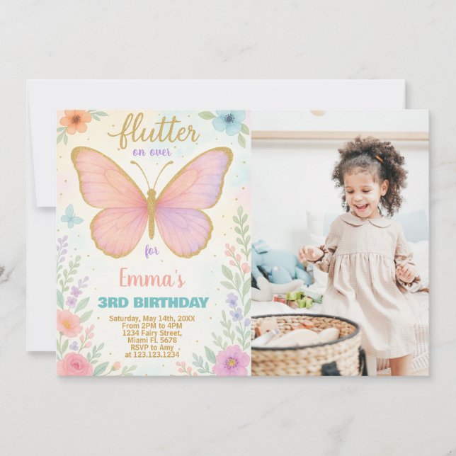Invitación de cumpleaños con mariposa con foto (Anverso)