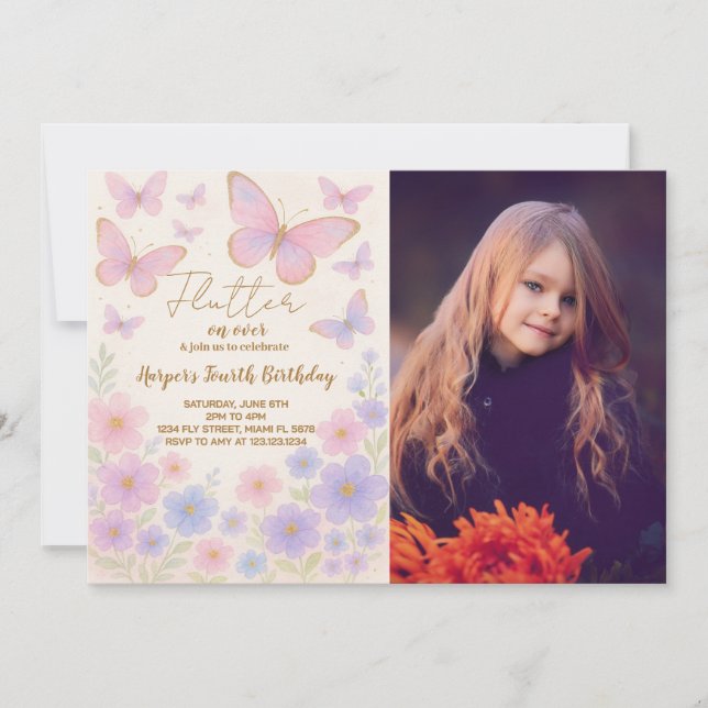 Invitación de cumpleaños con mariposa de ensueño c (Anverso)