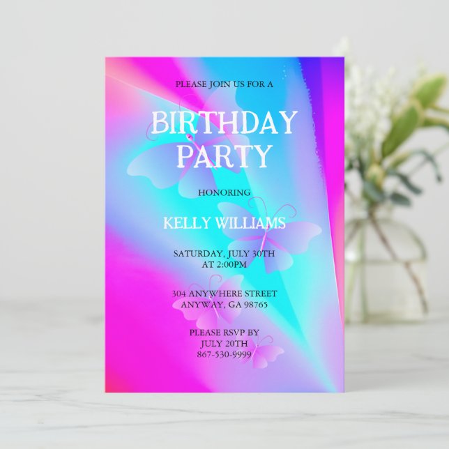 Invitación de cumpleaños con mariposas (Anverso de pie)