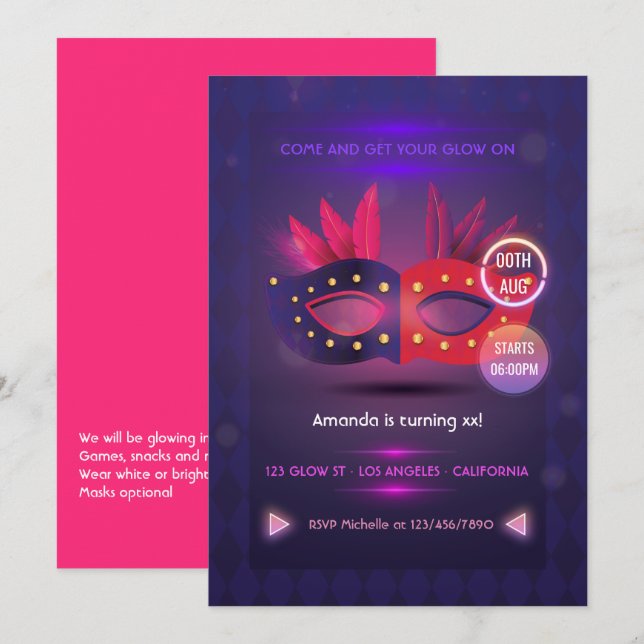 Invitación de cumpleaños con máscara de Neo Masque (Anverso / Reverso)