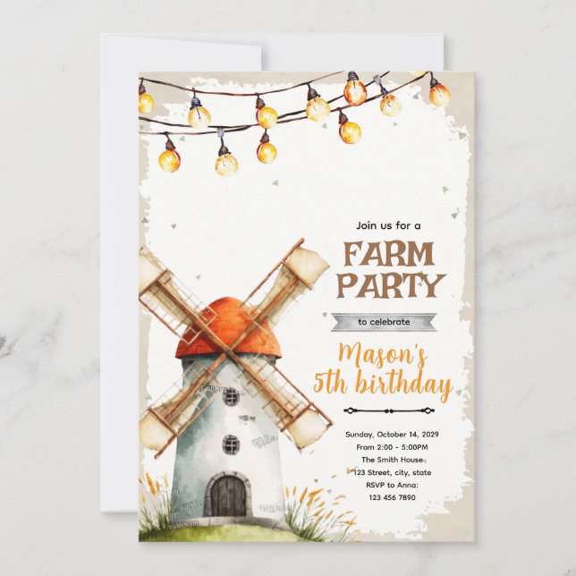 Invitación de cumpleaños con molino de viento (Anverso)