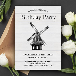 Invitación de cumpleaños con molino de viento vint