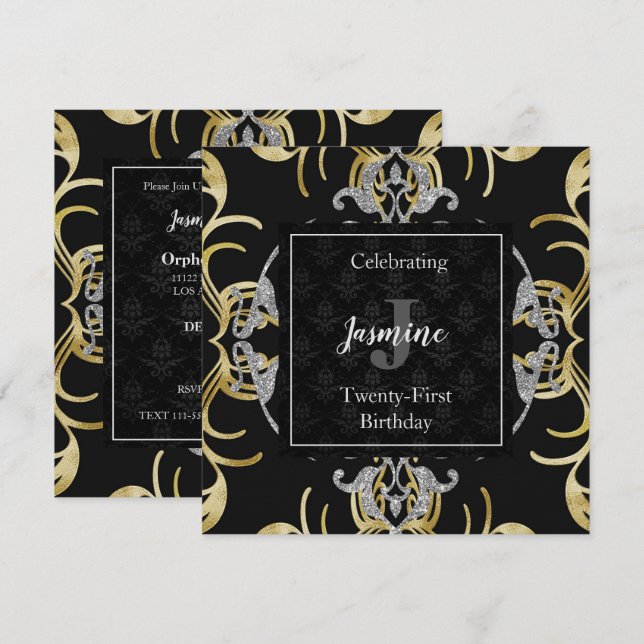 Invitación de cumpleaños con oro y plata arremolin (Anverso / Reverso)