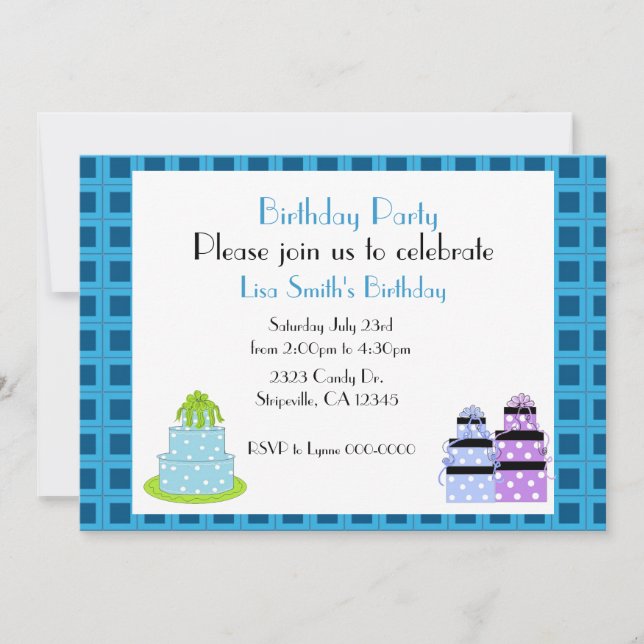 Invitación de cumpleaños con pastel de lunares (Anverso)