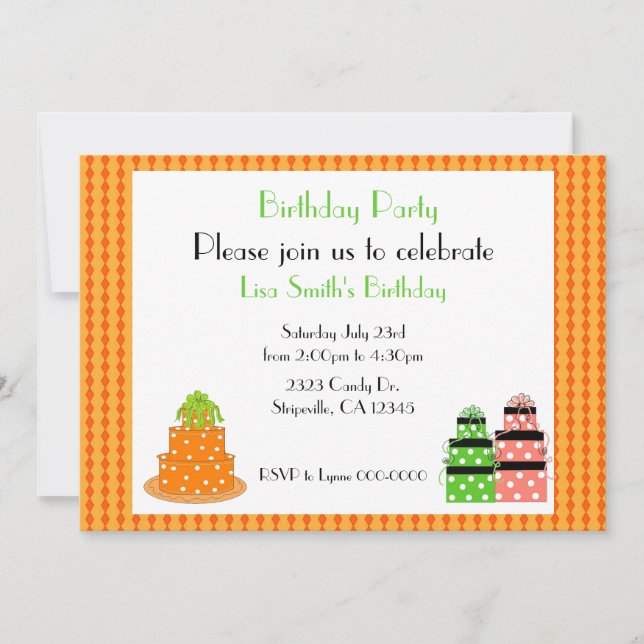 Invitación de cumpleaños con pastel de lunares nar (Anverso)