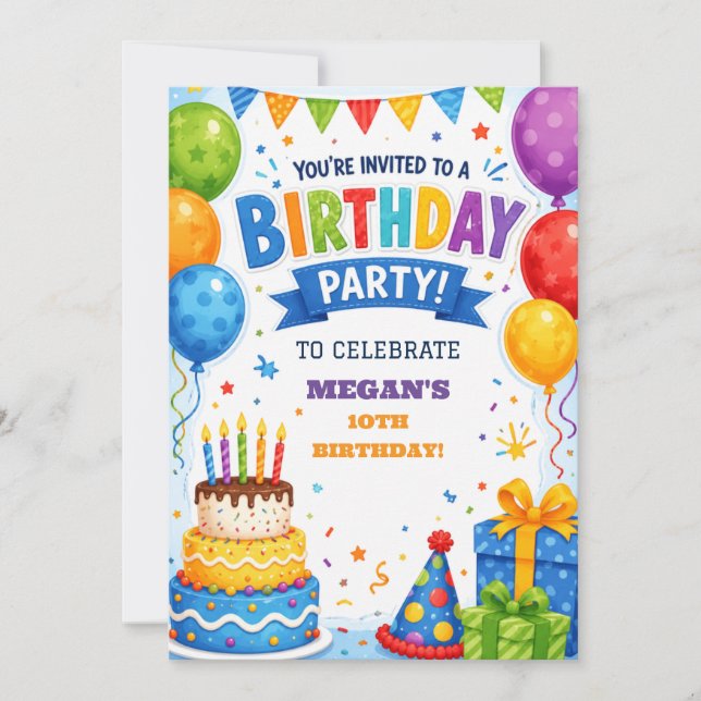 Invitación de cumpleaños con pastel personalizado  (Anverso)