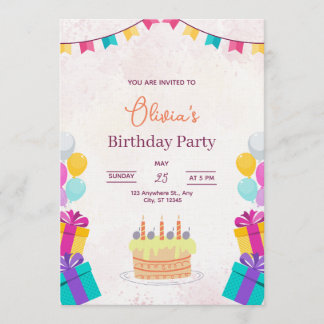 Invitación de cumpleaños con pastel y globos, cump