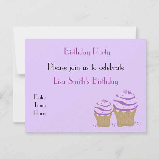 Invitación de cumpleaños con pastelito morado (Anverso)