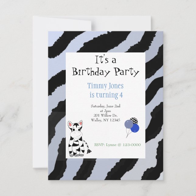 Invitación de cumpleaños con patrón de cebra (Anverso)