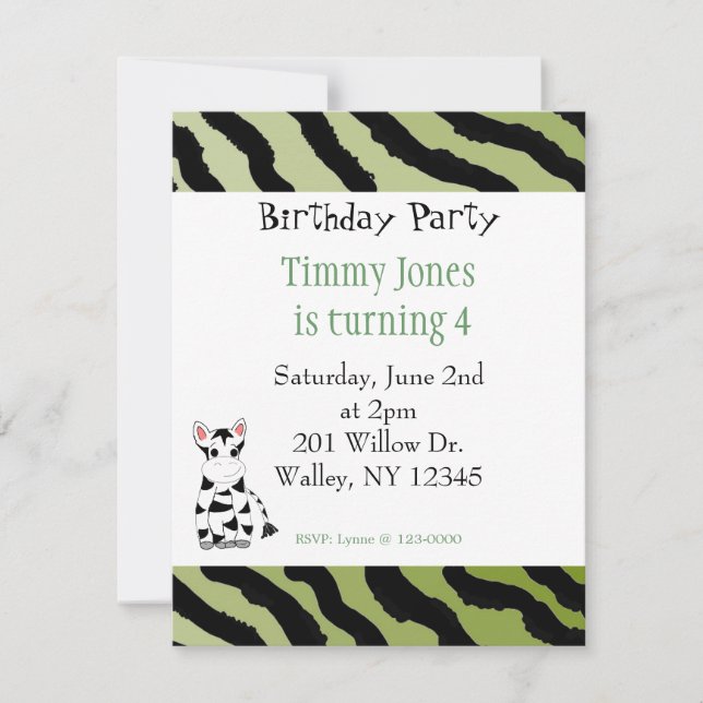 Invitación de cumpleaños con patrón de cebra (Anverso)