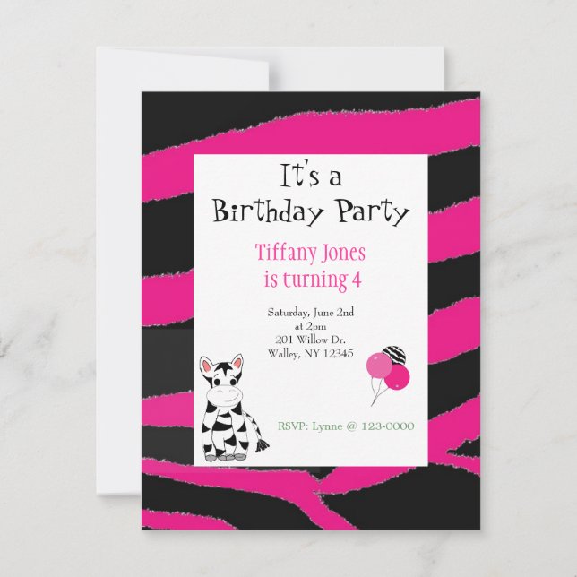 Invitación de cumpleaños con patrón de cebra rosa (Anverso)