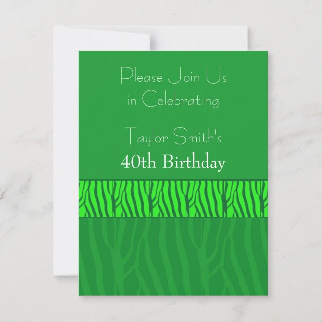 Invitación de cumpleaños con patrón de cebra verde (Anverso)