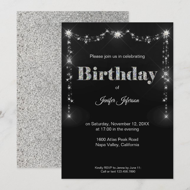 Invitación de cumpleaños con patrón de purpurina (Anverso / Reverso)