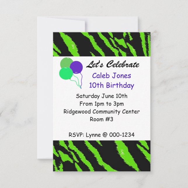 Invitación de cumpleaños con patrón de tigre verde (Anverso)
