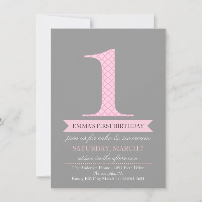 Invitación de cumpleaños con patrón moderno gris y (Anverso)