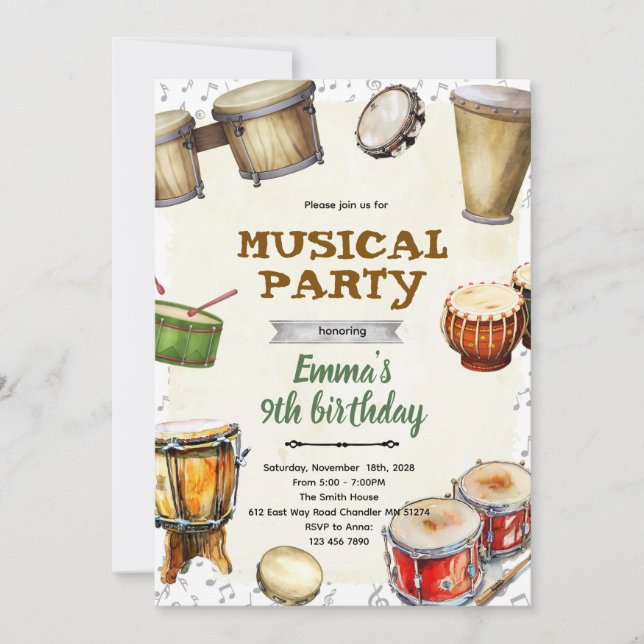 Invitación de cumpleaños con percusión (Anverso)