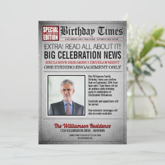Invitación de cumpleaños con periódico de portada
