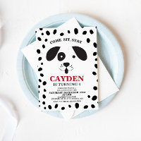 Invitación de cumpleaños con perro de manchas negr