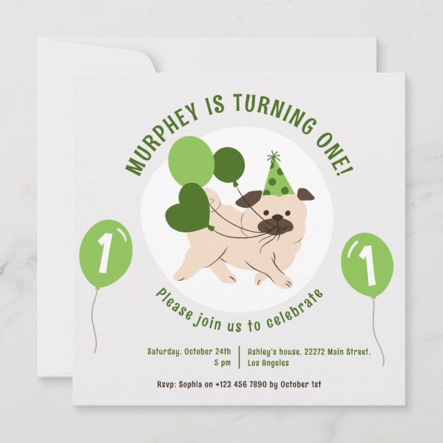 Invitación de cumpleaños con perro y globos verdes (Anverso)
