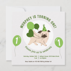 Invitación de cumpleaños con perro y globos verdes