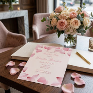 Invitación de cumpleaños con pétalos de rosa rosa
