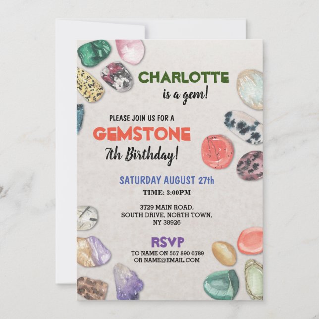 Invitación de cumpleaños con piedras preciosas, ro (Anverso)