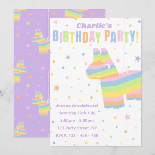 Invitación de cumpleaños con piñata arcoíris paste (Anverso / Reverso)