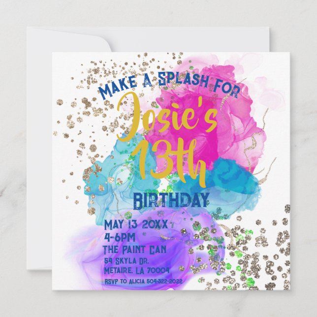 Invitación de cumpleaños con pintura de teñido al  (Anverso)