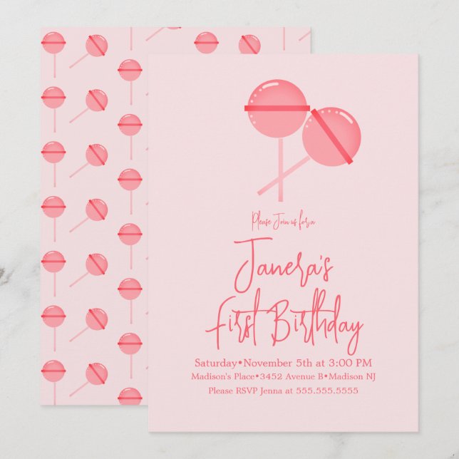 Invitación de cumpleaños con piruleta rosa para el (Anverso / Reverso)
